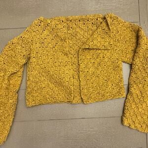 Handmade Mustard Yellow Crochet Cropped Cardigan with Hood